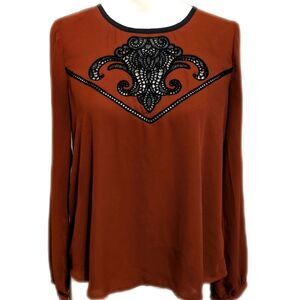 Express long sleeve silky brown/rust blouse w/ black embroidered yolk S